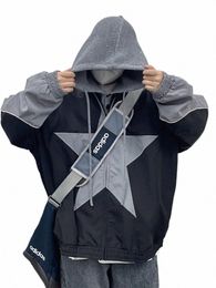 spring Autumn College Jacket Men Women Vintage Star Pattern Harajuku Y2k Windbreaker Coat Street Zipper Patchwork Outwear Unisex 60N2#