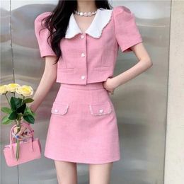 Work Dresses Sweet Celebrity Suit Jacket Skirt Two-piece Set Women Contrast Polo Neck Bubble Sleeve Bead Temperament French Slim Summer