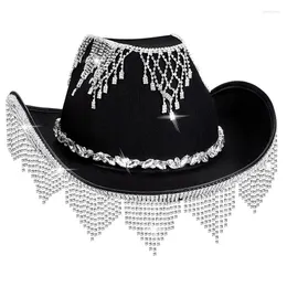 Berets Heavy Diamond Cowboy Hats Tassels Crystal Hat For Disco House Cocktails Parties Vacation Sparkly Comedian