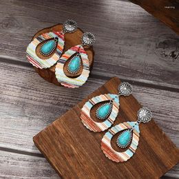 Dangle Earrings Women'S With Colourful Leather Hollow Design Gemstone Flower Artistic And Retro Style Simple Atmospheric