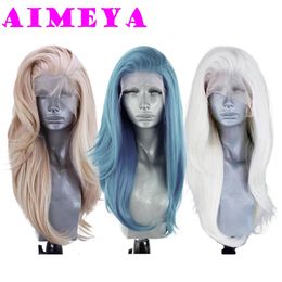 AIMEYA Ash Blue Lace Wig Heat Resistant Synthetic Lace Front Wig Long Natural Wave Mix Blonde Lace Wigs Pink Daily Use Cosplay 240315