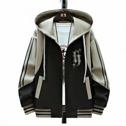 new 2024 Spring Autumn Men's Loose Hooded Jackets And Coats Streetwear Patchwork Windbreaker Youth Sprots Outdoor Tops Clothing 37Xg#