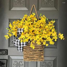 Decorative Flowers Spring Door Wreaths Yellow Hanging Basket Outside Artificial Wildflower Wreath With Plaid Bowknot