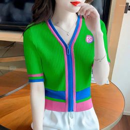 Women's T Shirts Summer Women Short Sleeves T-shirt Knit Tops V-neck Double Zipper Slim Cardigan Korean Chic Y2k Clothing