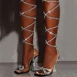 Sandals Fancy Color Diamond Strap Fashion Rhinestones Bowknot Decor High Heel Party Princess Shoes Woman 2024 Trend