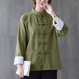 Ethnic Clothing 2024 Chinese Style Top Female Stand-up Collar Long Sleeve Cotton Linen Retro Tang Suit Blouse Improved Zen S48