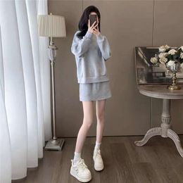 Age Reducing Lazy Casual Sports Suit for Women 2024 New Spring Loose Round Neck Long Sleeved Hoodie Slimming Short Skirt