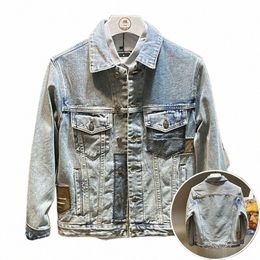 light blue patch denim jacket for men in spring and autumn European and American street loose large size cott top for men U1Ex#