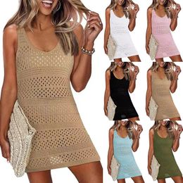 Casual Dresses Women Crochet Swimsuit Cover-Up Beach Dress Summer Fashion Hollow Knitting Sleeveless Vest Sun Protection Shirt Bathing Suit