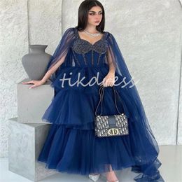 Gorgeous Navy Blue Saudi Arabic Evening Dresses 2024 Cape Sleeves A Line Tiered Tulle Maxi Prom Dress Ankle Length Beaded Formal Birthday Party Dress Turkish Vestios