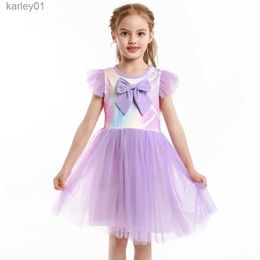 Girl's Dresses Summer Kids Print Dresses For Girls Birthday Party Dresses 2023 Children Clothes Rainbow Tutu Mesh Princess Dress 3-8Y yq240327