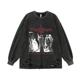 Black Empire Ripped T Shirts Goth Men Long Sleeve Y2k Grunge T-shirts Oversized Retro Men Clothes Harajuku Anime Streetwear Tops 240311