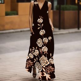 Casual Dresses Flower Maxi Dress Women Summer Print Sleeveless Fashion V Neck Women's Beach Chic Elegant