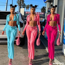 Women's Two Piece Pants Winter Velvet Tracksuits 2 Pant Sets 2024 Women Fall Fashion Clothes Elegant Bodycon Crop Jackets Joggers