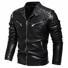 2022 Winter Black Leather Jacket Men Fur Lined Warm Motorcycle Jacket Slim Street Fi BLack Biker Coat Pleated Design Zipper C0DY#