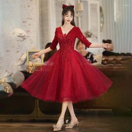 Party Dresses Evening Dress Burgundy Half Sleeves -Length A-Line V-Neck Appliques Lace Up Plus Size Woman Formal Gowns A2492