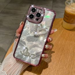 Love Heart Bling Diamond Plating Cases For Iphone 15 14 Plus 13 12 11 Pro Max 8 7 XR Samsung S24 S23 S22 Luxury Chromed Soft TPU Rhinestone Beads Feather Laser Phone Cover