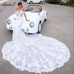 2024 Elegant Off Shoulder Sleeves Sweetheart Mermaid Wedding Dresses chapel Train Floral Prints chapel Train Trumpet Bridal Gowns