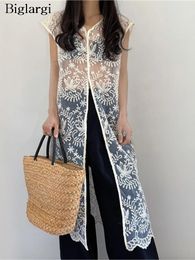 Casual Dresses Summer Sleeveless Lace Dress Women Embroidery Fashion See Through Sexy Ladies Korean Style Ruffle Pleated Woman