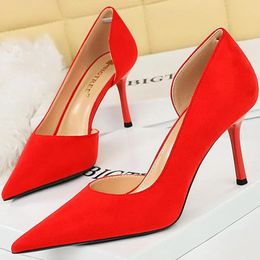 Dress Shoes 2024 Korean Version Fashion Simplicity Pumps 8.5cm High Heels Lady Plus Size 34-43 Pointed Toe Side Hollow Flock Wedding