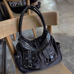 Womens Black Y2k Shoulder Bags Luxury Designer Grunge Handbag Large Capacity Tote Bag for Girl Punk Style Shopper Bag 240322