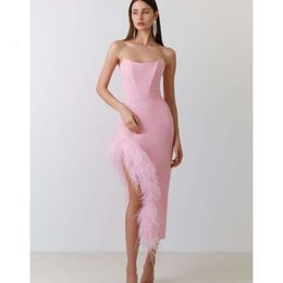 Sexy Slanted Split Feather Skirt Hem, Pink Strapless Bandage Dress, Elegant And Fashionable Party Dress 877697