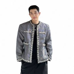 syuhgfa Men's Clothing 2024 Autumn Winter Round Collar Loose Luxury Sequin Pearl Ribb Coat Persality Korean Jackets Y4SX#