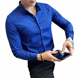 2023 Autumn Striped Shirts Men High-quality Lg Sleeved Busin Formal Dr Shirts Fi Casual Social Party Tuxedo Blouse 58gl#