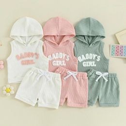 Clothing Sets 2024-01-29 Lioraitiin 0-3Y Baby Girls Shorts Set Sleeveless Hooded Letters Vest With Elastic Waist Summer Outfit