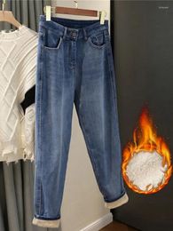 Women's Jeans Fleece Winter Women 2024 Baggy Blue Denim Pants High Waisted Harem Mom Velvet Warm Quality P77