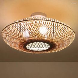 Ceiling Lights 50cm Round Bamboo Wicker Rattan Semi Flush Mount Light Fixutre Country Vintage Low Plafon Lamp Foyer Living Room Bedroom