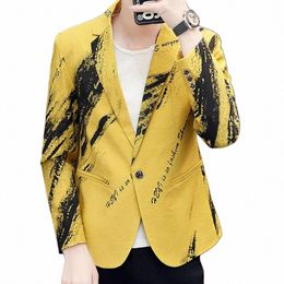 men Suit Coat Turn-down Collar Lg Sleeves Single Butt Printing Tie-dye Dr-up Slim Ctrast Colour Suit Jacket Men Clothes Y8iF#