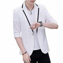 blazers Men Summer Clothing Fi Thin Three Quarter Sleeve Suit Jacket Korean Casual Costume Homme Solid Colour Slim Coat Z1Te#