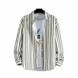 2023 Autumn Men Lg Sleeve Clothing Stripe Shirt Blouses Loose Cott Casual Males Soft Evening Formal Shirts Street Wear P11 F3TZ#