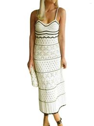 Casual Dresses Women Spaghetti Strap Crochet Maxi Dress Sexy Sleeveless Backless V Neck Knitted Long Summer Beach