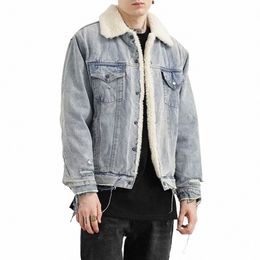 mens Winter Lamb Style Warm Denim Jacket Casual Korean Style Trendy Veet Thickened Cott Coat Loose Jacket Cott Coat U7Cp#