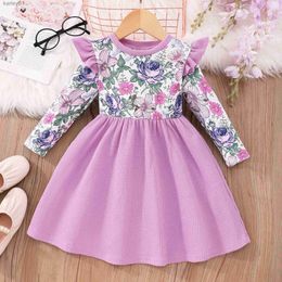 Girl's Dresses 2024 Dress Baby Girl Kids Clothes Purple Floral Autumn Winter Long Sleeve Children Party Princess Dresses 2 3 4 5 6 Years yq240327