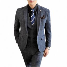 3 Piece Men Groom Wedding Dr Plaid Formal Suits Set High Quality Men Fi Casual Busin Suit Three-piece Tuxedo S-7XL b5Ep#