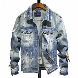 spring and autumn Denim Jackets Men Cowboy Slim Fit Hole Jacket Men's Ripped Jean Jacket Hip Hop Streetwear Coats Plus size A8WW#