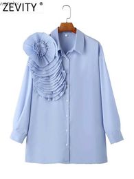 Women's Blouses Shirts Zevity Womens Fashion Folded Large Flower Sticker Solid Smoke Shirt Office Womens Button Shirt Unique Chemical Blue Top LS5639L240328