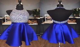 2020 Fashionable Royal Blue Sparkly Homecoming Dresses A Line Backless Beading Crystal Short Party Dresses For Prom Custom Made7175748
