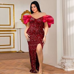 Large Size Sexy V-Neck 200 Pounds Chubby Mm Bubble Sleeve Sequin High Waisted Slit Long Socialite Dress, Women's Dress 203569