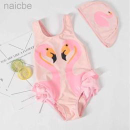 One-Pieces Childrens Swimsuit Girl Black and White Little Swan Pink Flamingo One-piece Baby Korean Girl Princess Swimsuit 24327