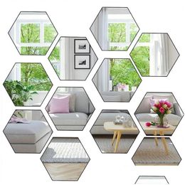 Mirrors 12Pcs/Lot 3D Mirror Wall Stickers Hexagon Shape Acrylic Removable Sticker Decal Diy Home Decoration Art Ornaments Drop Deliv Dhu7R