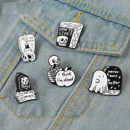 Black Humor Enamel Pins Custom Boo Ghost Quotes Brooches I Think Im Dead IM OK NOW Lapel Badges Gothic Punk Jewelry Gift