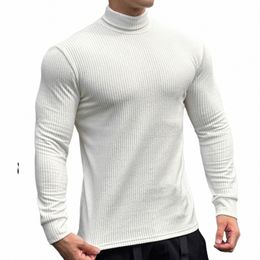 autumn Winter New Men's High Neck Sweater Fi casual men's clothing Sports Fitn Elastic Lg Sleeve Bottom Shirt z9YK#