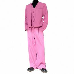 noymei Spring Casual Pink False Two Pieces Short Blazer Straight Wide Leg Trousers Men's Fi Bright Color Set 2024 WA3623 r3jP#