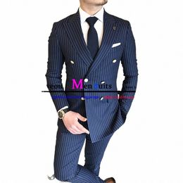 jacket+pants British Style Casual Striped Men's Busin Suit 2 Piece Double Breasted Tuxedo Groom Suits for Men Wedding 07HM#