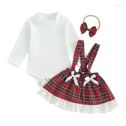 Clothing Sets Born Baby Girl Christmas Outfit Long Sleeve Turtleneck Ribbed Romper Plaid Suspender Skirt Headband 3Pcs Set