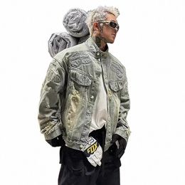 reddachic 90s Retro Destroyed Denim Jacket Men Distred 3D Padded Lg Sleeves Loose Casual Bomber Coat Biker Moto Y2k Outwear e4HE#